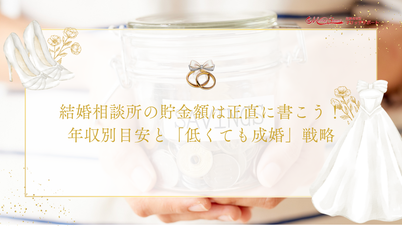 .結婚相談所の貯金額は正直に書こう！年収別目安と「低くても成婚」戦略のアイキャッチ画像です。