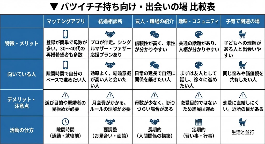 マッチングアプリ登録が簡単で母数が多い。30〜40代の再婚希望者も多数隙間時間で自分のペースで進めたい人遊び目的や既婚者の見極めが必要隙間時間 (通勤・就寝前)結婚相談所プロが伴走。シングルマザー・ファザー応援プランあり効率よく、結婚意識が高い人と会いたい人月会費がかかる。ルールの理解が必要要調整 (お見合い・面談)友人・職場の紹介信頼性が高く、素性が分かりやすい日常の延長で自然に関係を築きたい人母数が少なく、断りづらい場合がある長期的 (人間関係の構築)趣味・コミュニティ共通の話題があり、人柄が分かりやすいまずは友人として話し、徐々に進めたい人恋愛目的ではないため進展は遅め定期的 (習い事・行事)子育て関連の場子どもへの理解がある人と出会いやすい同じ悩みや価値観を共有したい人恋愛に直結しにくい。近所の目がある生活と並行