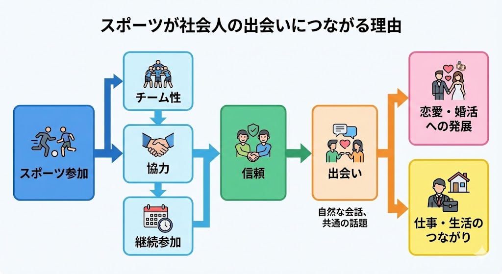 ※図解 目的: 因果関係の可視化 構成: スポーツ参加→チーム性→協力→継続参加→信頼→出会い→恋愛や婚活に発展
