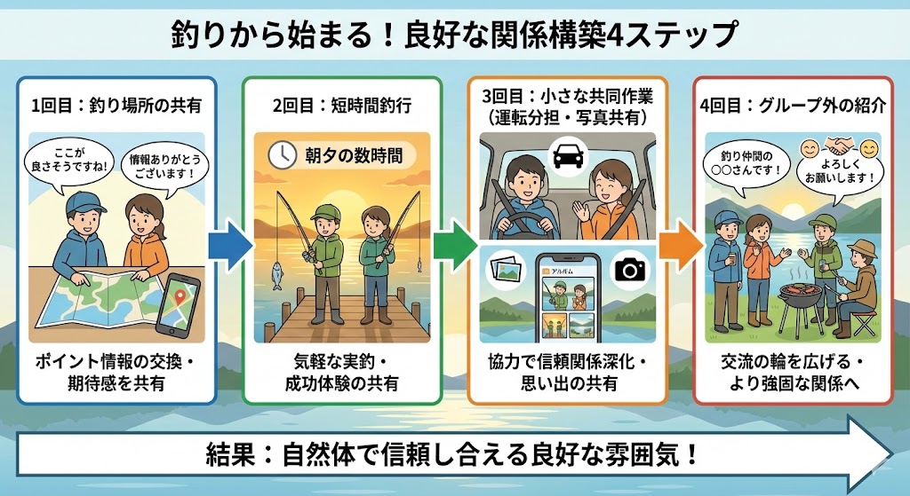 ※図解候補（ステップの流れ）
1回目：系と場所の共有→2回目：短時間釣行→3回目：小さな共同作業（運転分担・写真共有）→4回目：グループ外の紹介