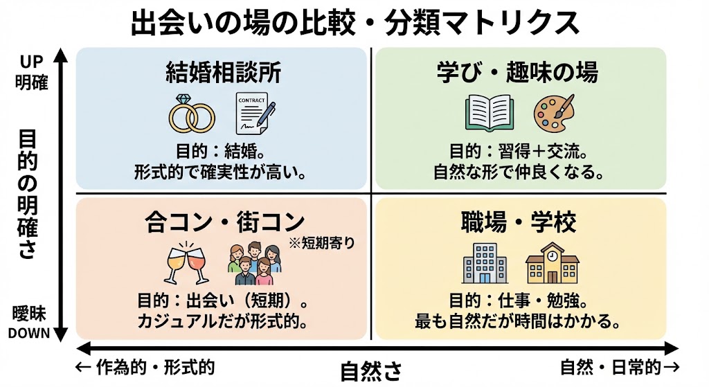 ※ここに図解（比較・分類）：縦軸「目的の明確さ」、横軸「自然さ」。学びは自然寄り、相談所は目的明確寄り、合コンは短期寄り
