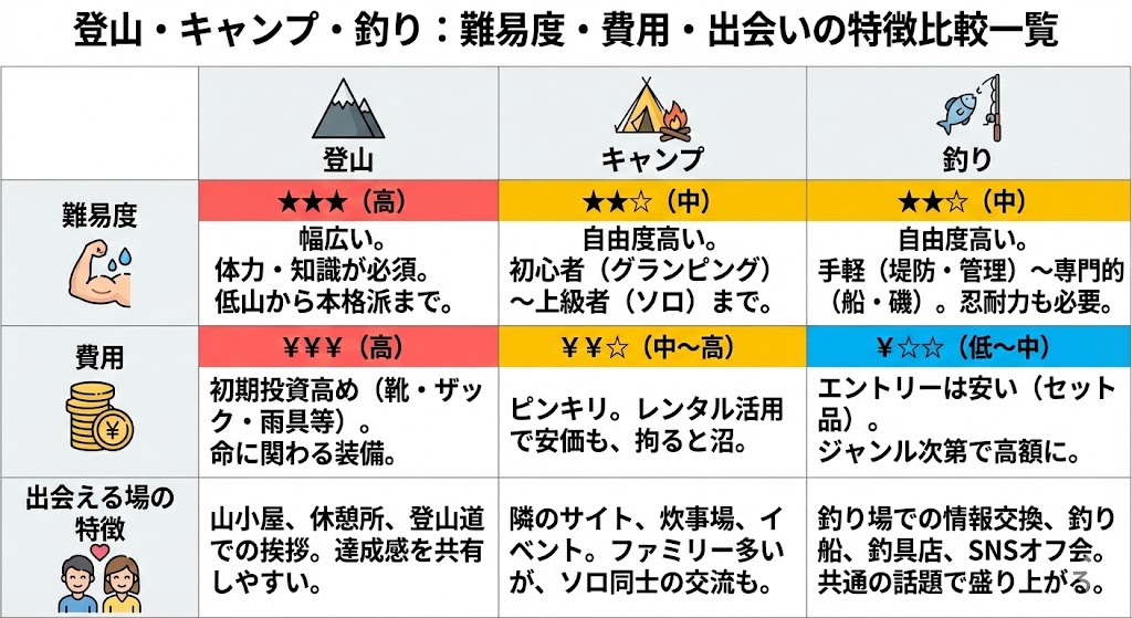 ※ここに図解を挿入
目的 比較・分類。構成「登山・キャンプ・釣りの難易度、費用、出会える場の特徴」を一覧化。