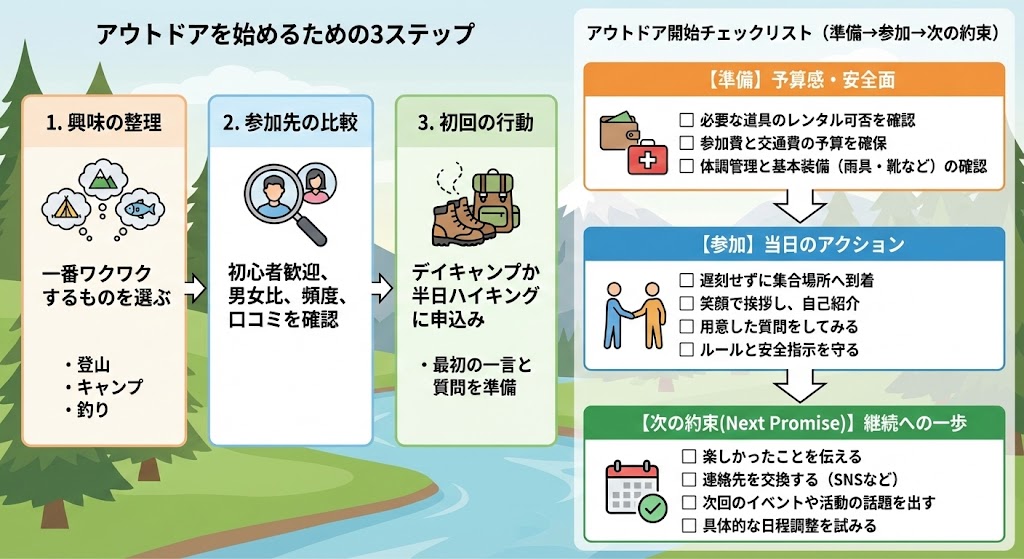 ※ここに図解を挿入  目的 チェックリスト。構成「準備→参加→次の約束」の三段チェック。