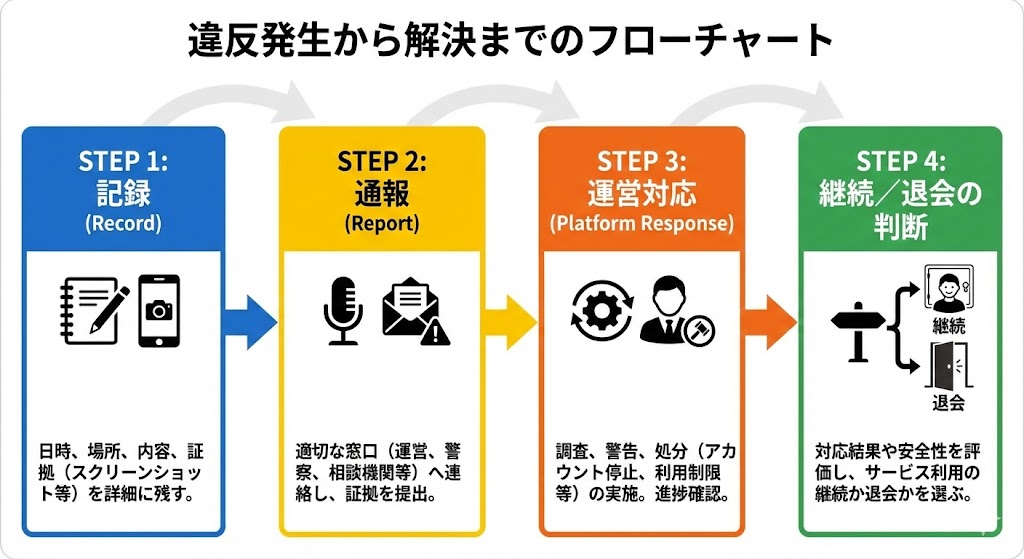 ※ここに図解を挿入
違反発生から解決までのフローチャート（記録→通報→運営対応→継続／退会の判断）