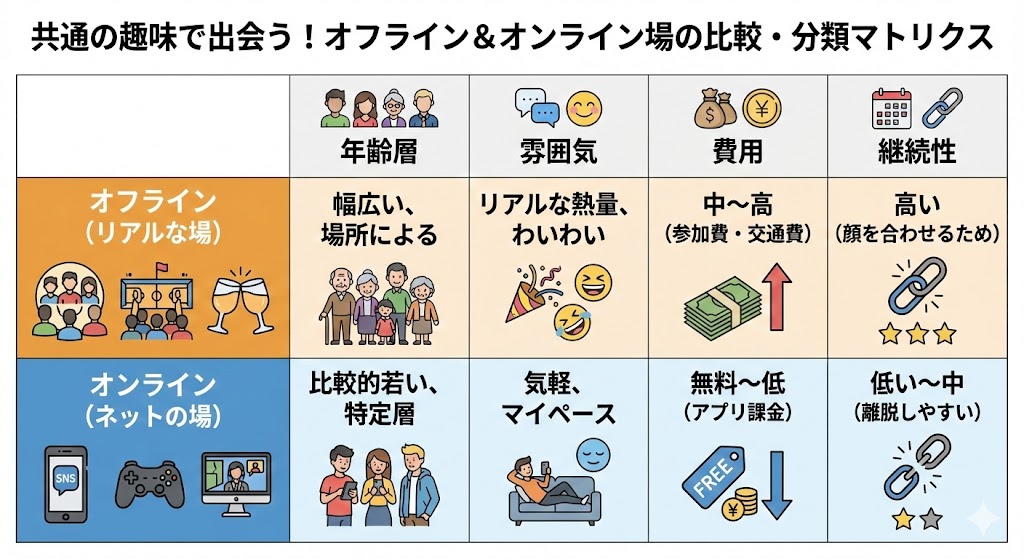 ※ここに図解を挿入（目的：比較・分類／構成：オフライン×オンラインの2軸、年齢層・雰囲気・費用・継続性のマトリクス）