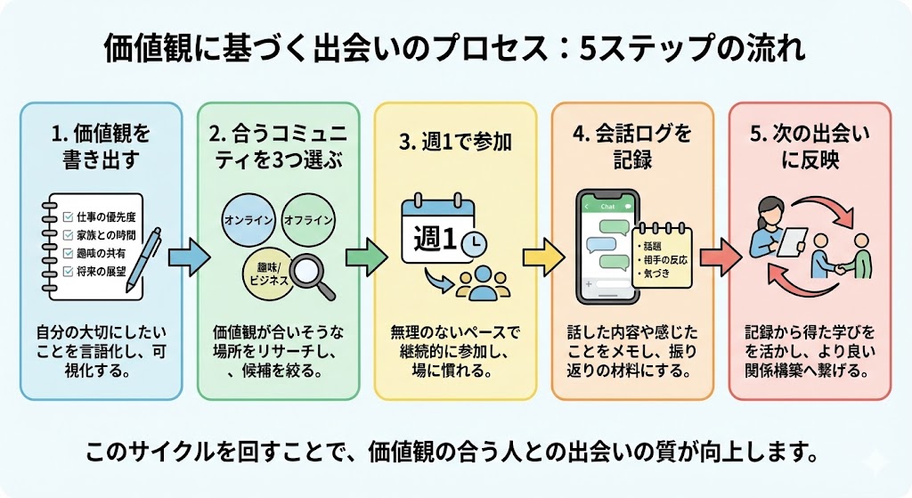 ※ここに図解を挿入（ステップの流れ）：1.価値観を書き出す→2.合うコミュニティを3つ選ぶ→3.週1で参加→4.会話ログを記録→5.次の出会いに反映。