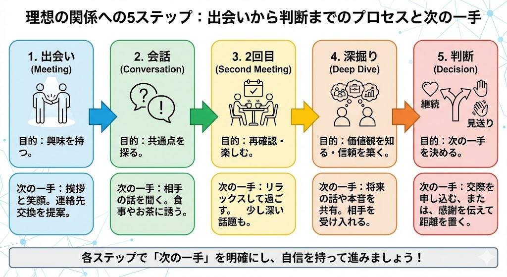 ※ここに図解を挿入（フローチャート）：出会い→会話→2回目→深掘り→判断。次の一手が明確になる構成。