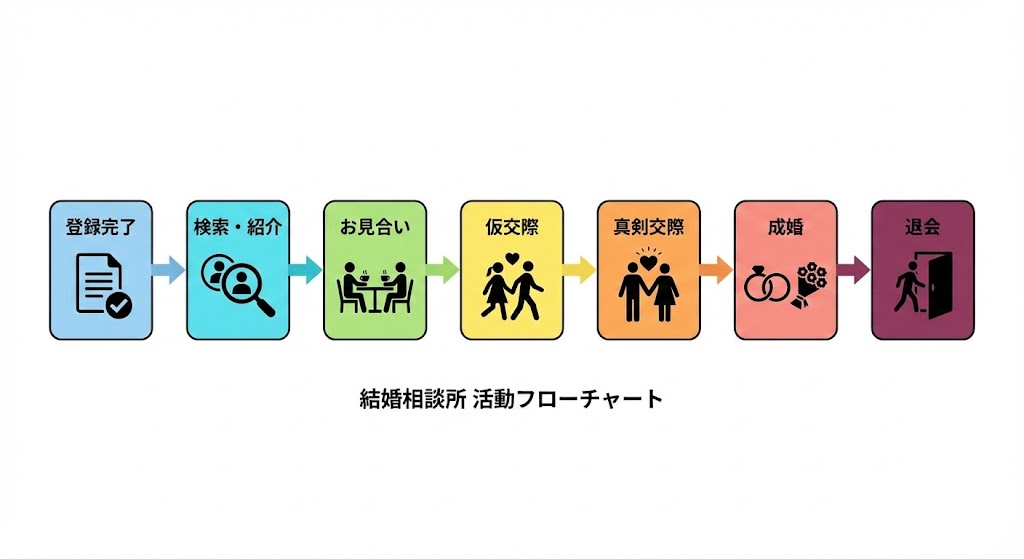 ※図解を挿入（フローチャート）
構成：登録完了→検索・紹介→お見合い→仮交際→真剣交際→成婚→退会。各ステップ