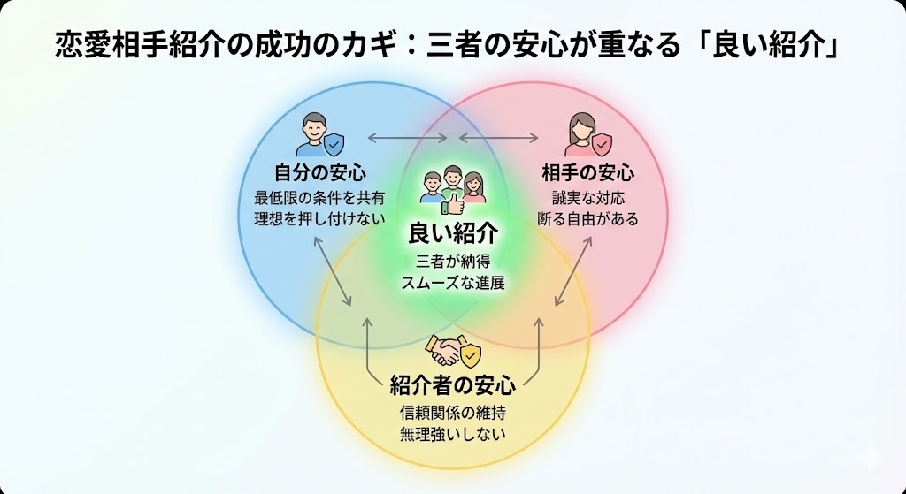 三者の安心（自分・相手・紹介者）のVenn図。重なる中央に「良い紹介」