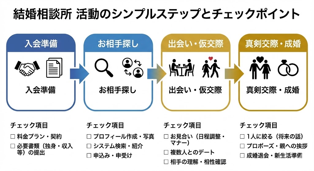 ※ここに図解を挿入  目的：ステップの流れ  構成：入会→証明書提出→プロフィール作成→検索・紹介→申込み/申受け→お見合い→仮交際→真剣交際→成婚。各工程のチェック項目を付記。