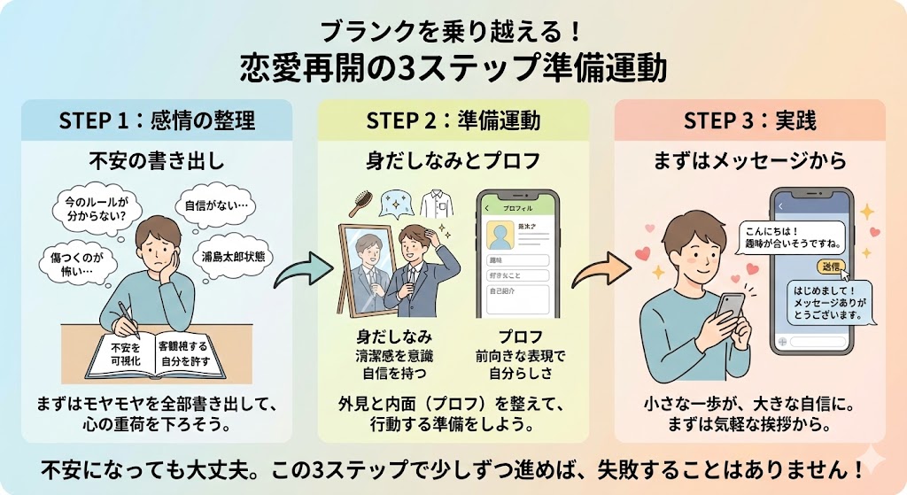 (ステップ図) (感情の整理:不安の書き出し → 準備運動:身だしなみとプロフ → 実践:まずはメッセージから)